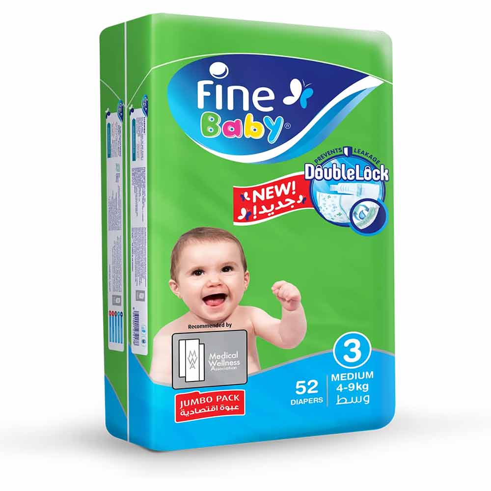 Fine Baby Double Lock Medium Diapers Size 3, 4-9 Kg 52's