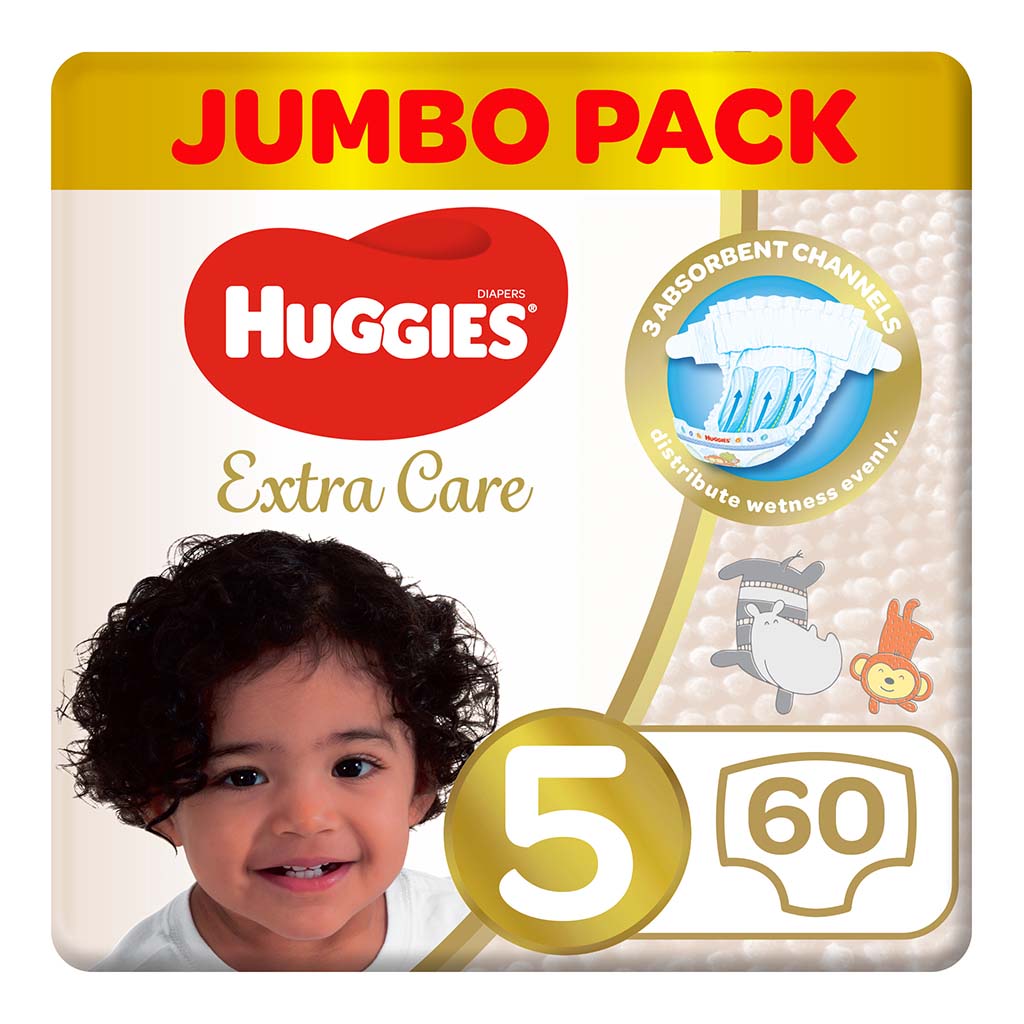 Huggies Extra Care Baby Diapers, Size 5, 12-22Kg, Jumbo Pack of 60's