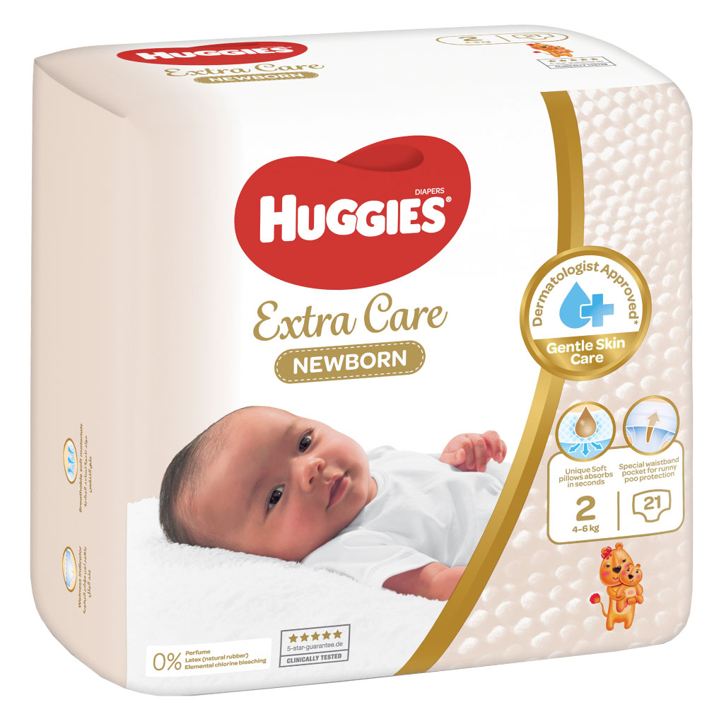 Huggies Extra Care Newborn Diapers, Size 2, 4-6Kg, Pack of 21's