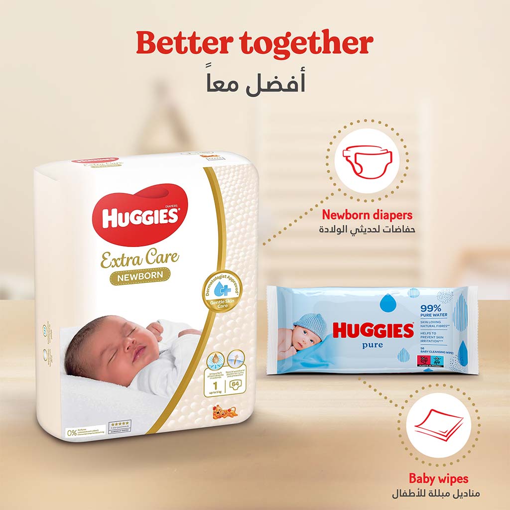 Huggies Extra Care Newborn Diapers, Size 2, 4-6Kg, Pack of 21's