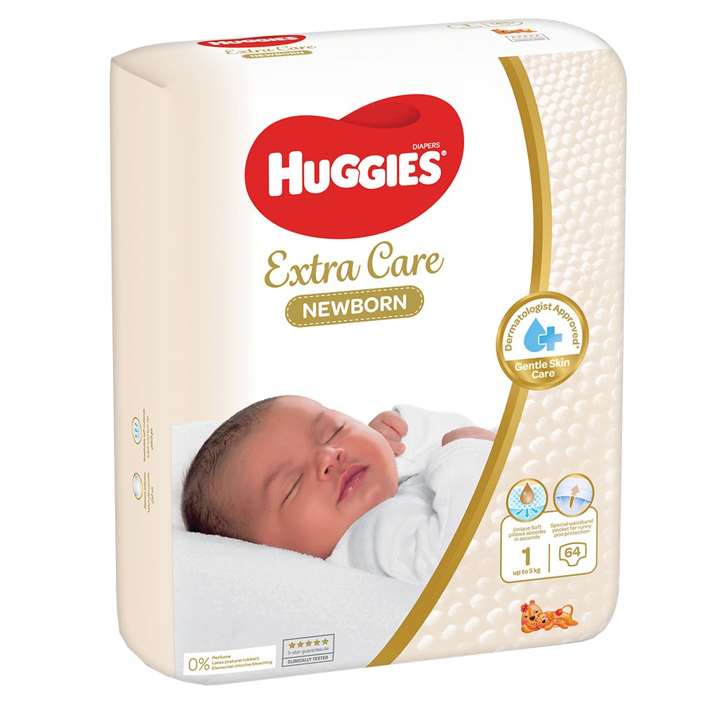 Huggies Extra Care Newborn Diapers, Size 1, Up to 5Kg, Jumbo Pack of 64's