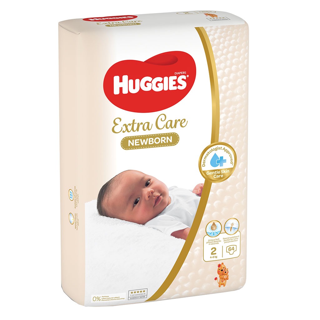 Huggies Extra Care Newborn Diapers, Size 2, 4-6Kg, Jumbo Pack of 64's