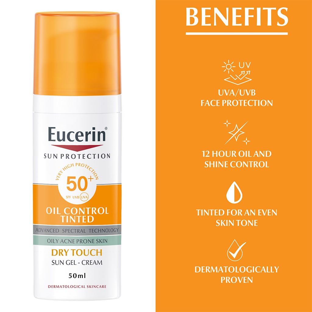 Eucerin Sun Oil Control SPF50+ Sunscreen Medium Tinted Gel-Cream With Dry Touch & Anti-Sine Effect 50ml