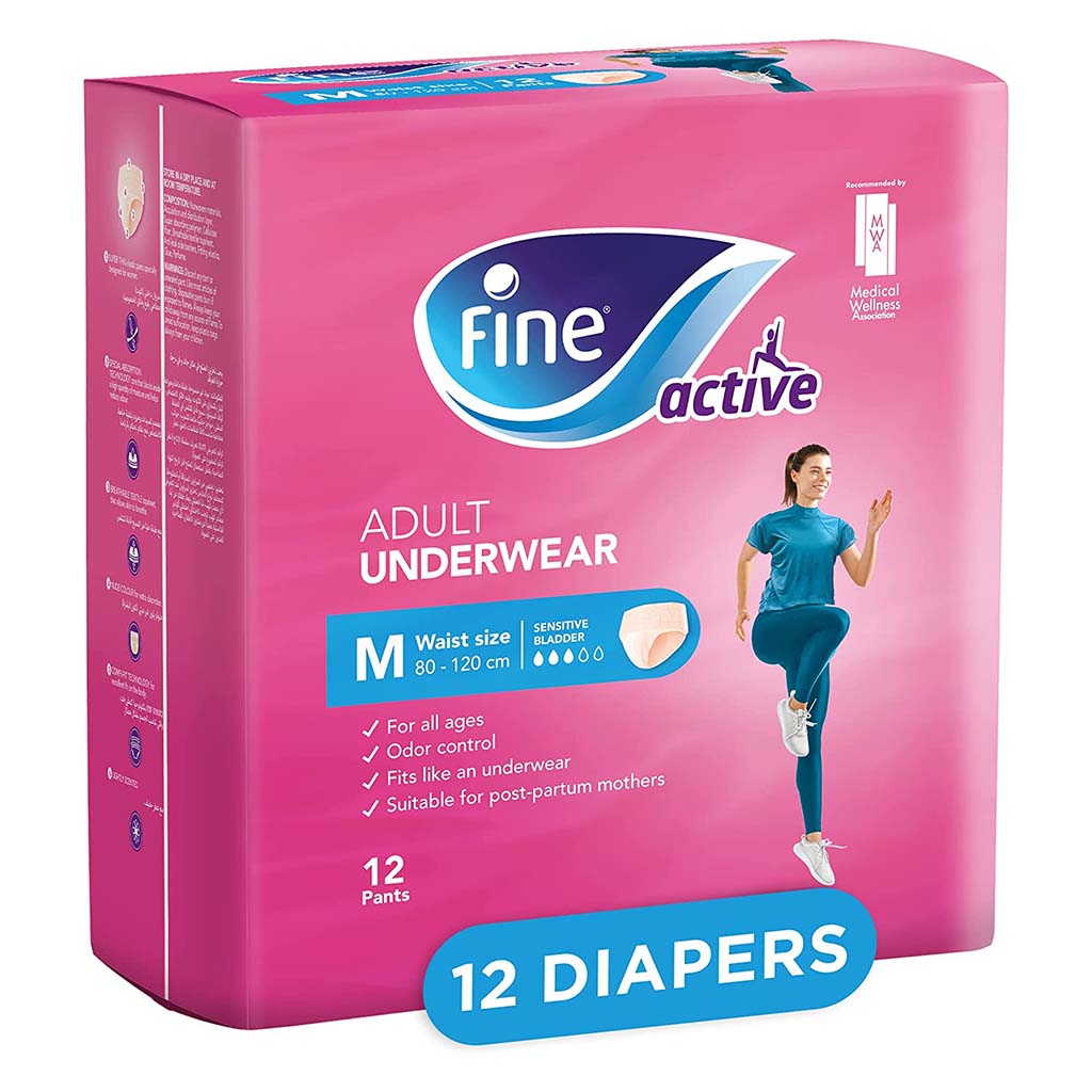 Fine Care Underwear Style Pull Up Adult Diaper For Incontinence & Postpartum, Medium, Pack of 12's