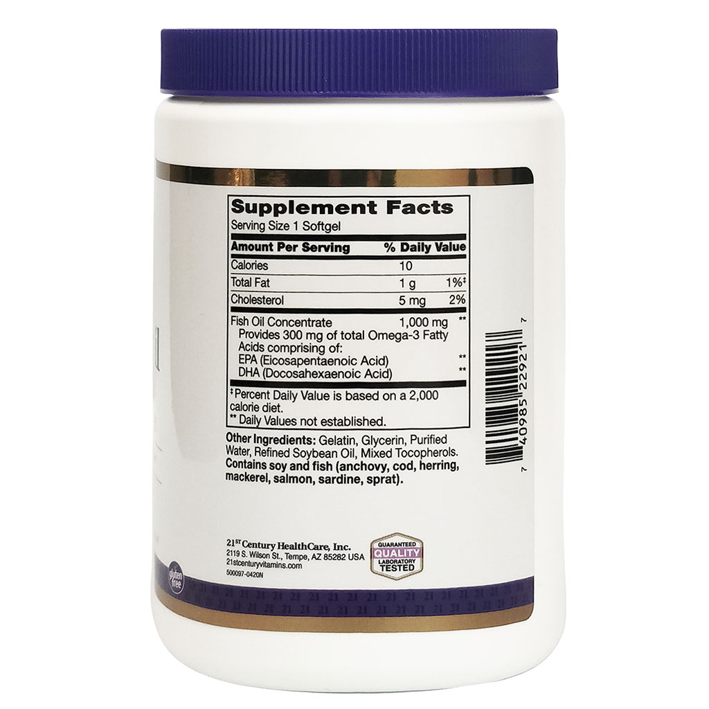 21st Century Omega 3 1000mg Fish Oil Supplement Softgels, Pack of 300's