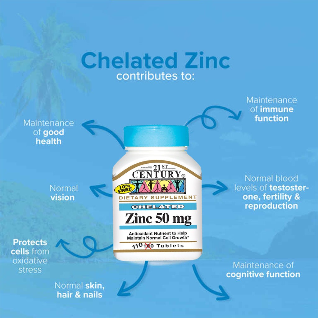 21st Century 50mg Chelated Zinc Tablets For Antioxidant Support, Pack of 110's