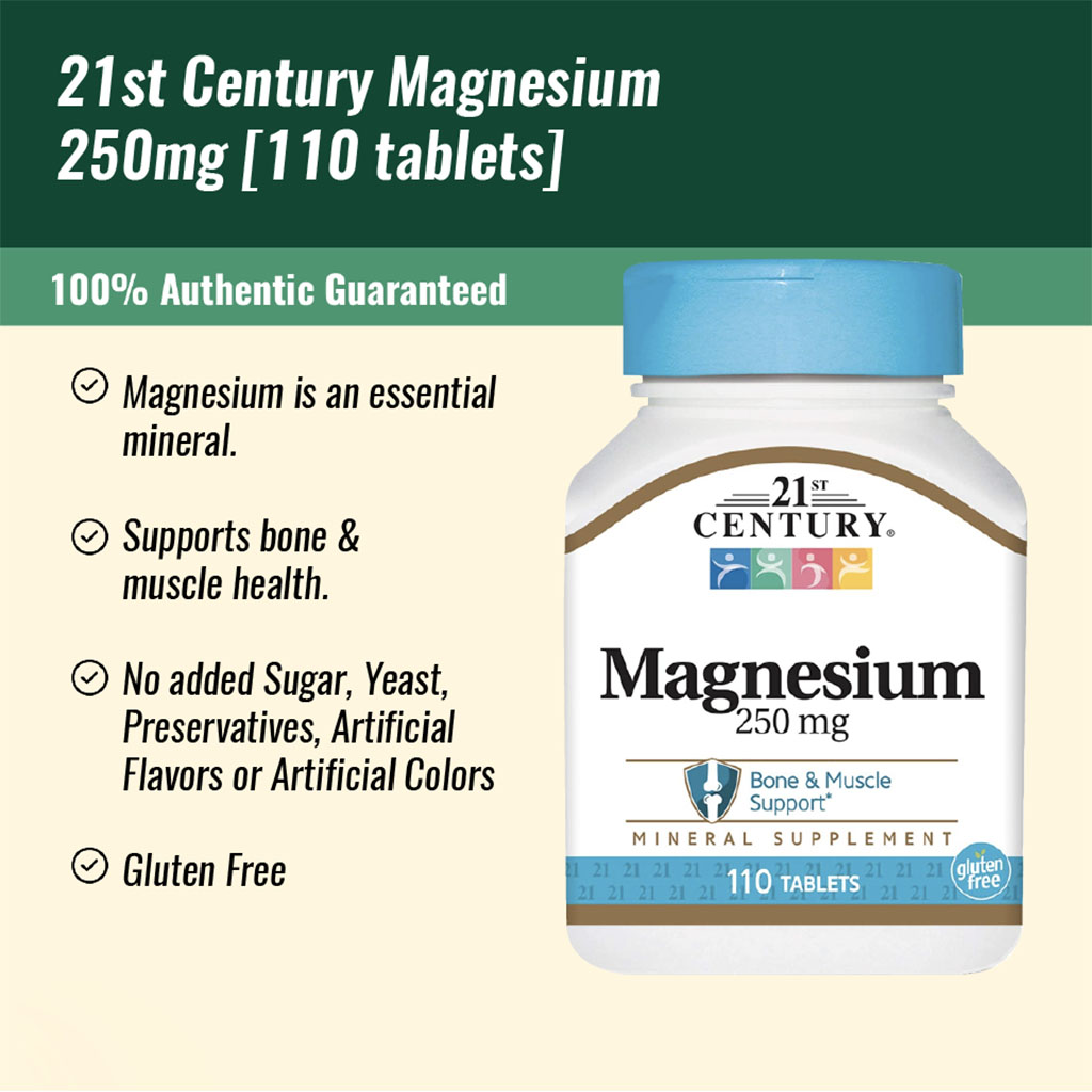 21st Century Magnesium 250mg Gluten-Free Tablets For Bone & Muscle Support, Pack of 110's