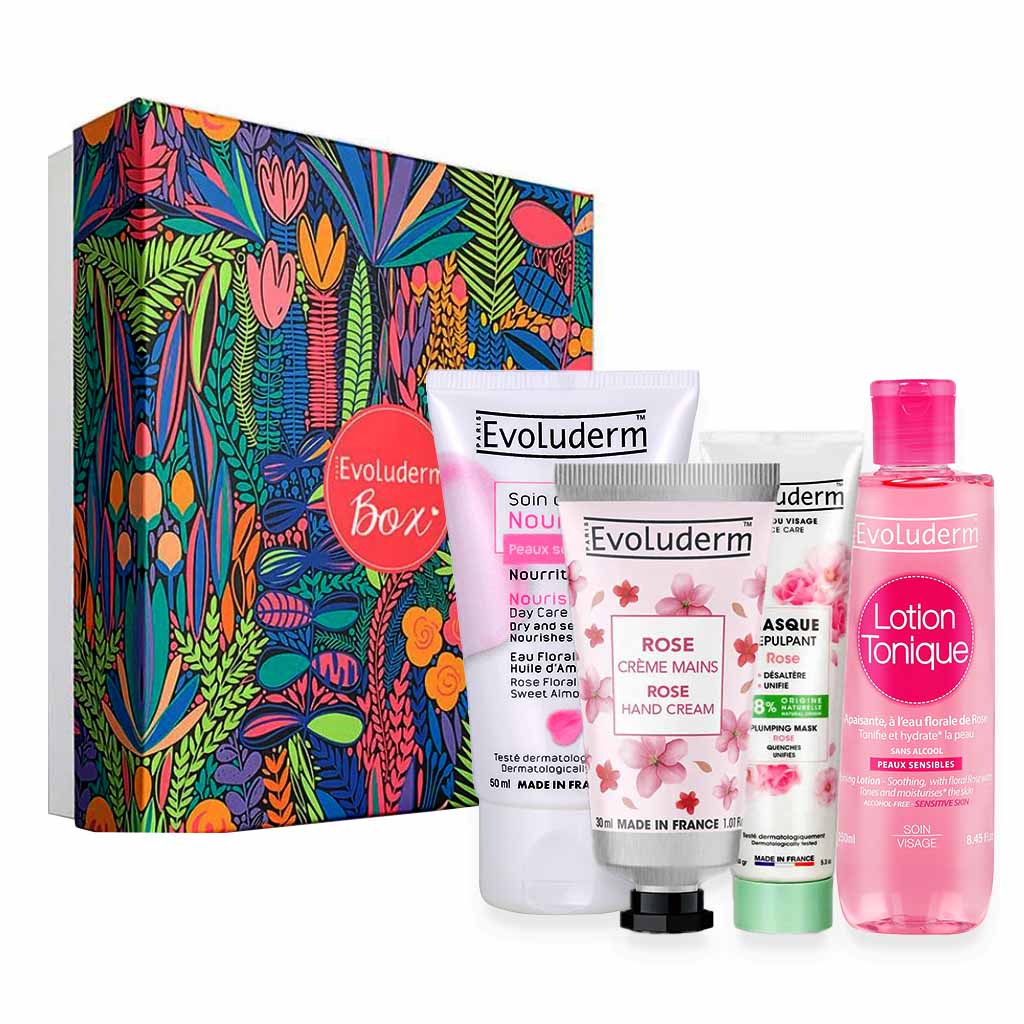 Evoluderm Gift Beauty Box - PROMO PACK of EvoludermToning Lotion 250ml, Rose Plumping Face Mask 150g, Nourishing Day Cream 50ml, Moisturizing Rose Hand Cream 30ml