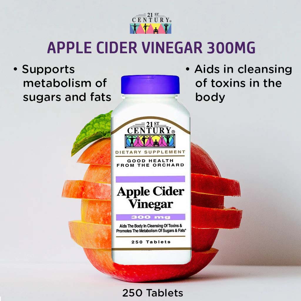 21st Century Apple Cider Vinegar 300mg Tablets For Detoxification & Metabolism Support, Pack of 250's