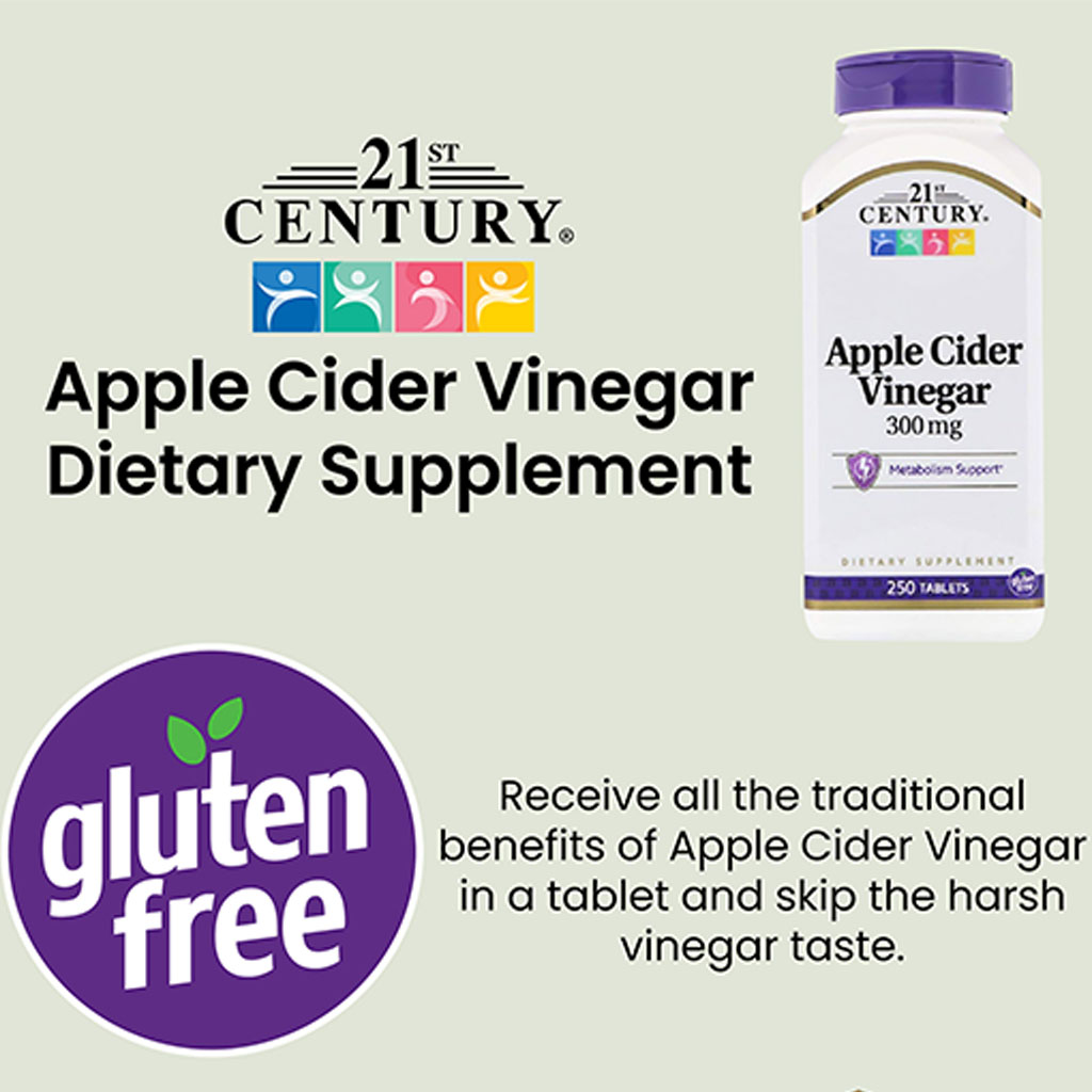 21st Century Apple Cider Vinegar 300mg Tablets For Detoxification & Metabolism Support, Pack of 250's