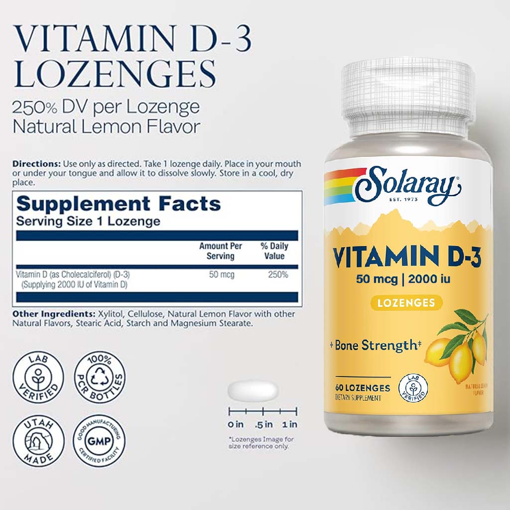 Solaray Vitamin D3 2000IU Lozenges For Bone Strength, Pack of 60's