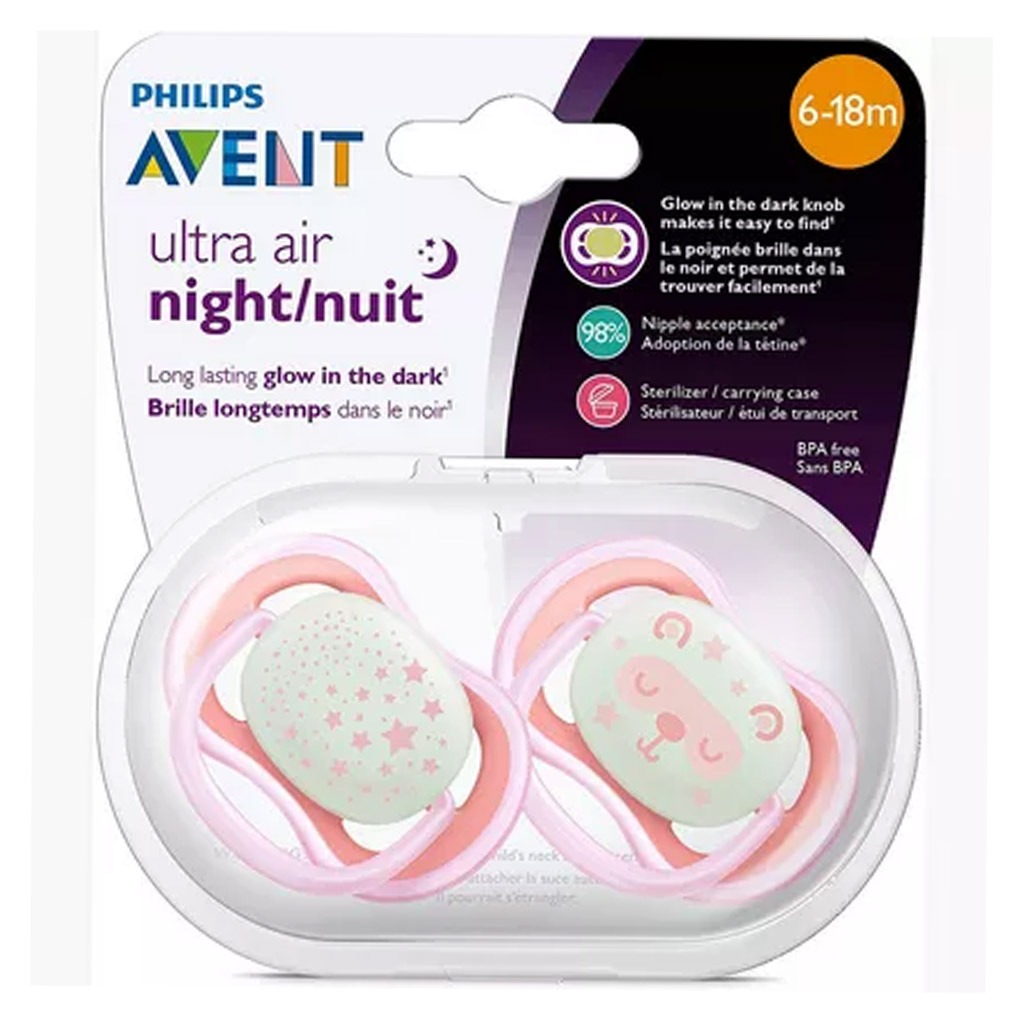 Philips Avent Ultra Air Silicone Soother Night Time For 6-18 Months Baby Girl, Pack of 2's
