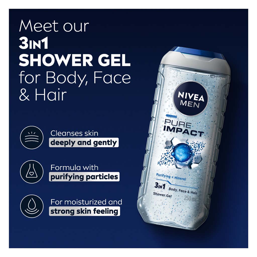 Nivea Men Pure Impact 3 in 1 Face, Body & Hair Shower Gel 250ml
