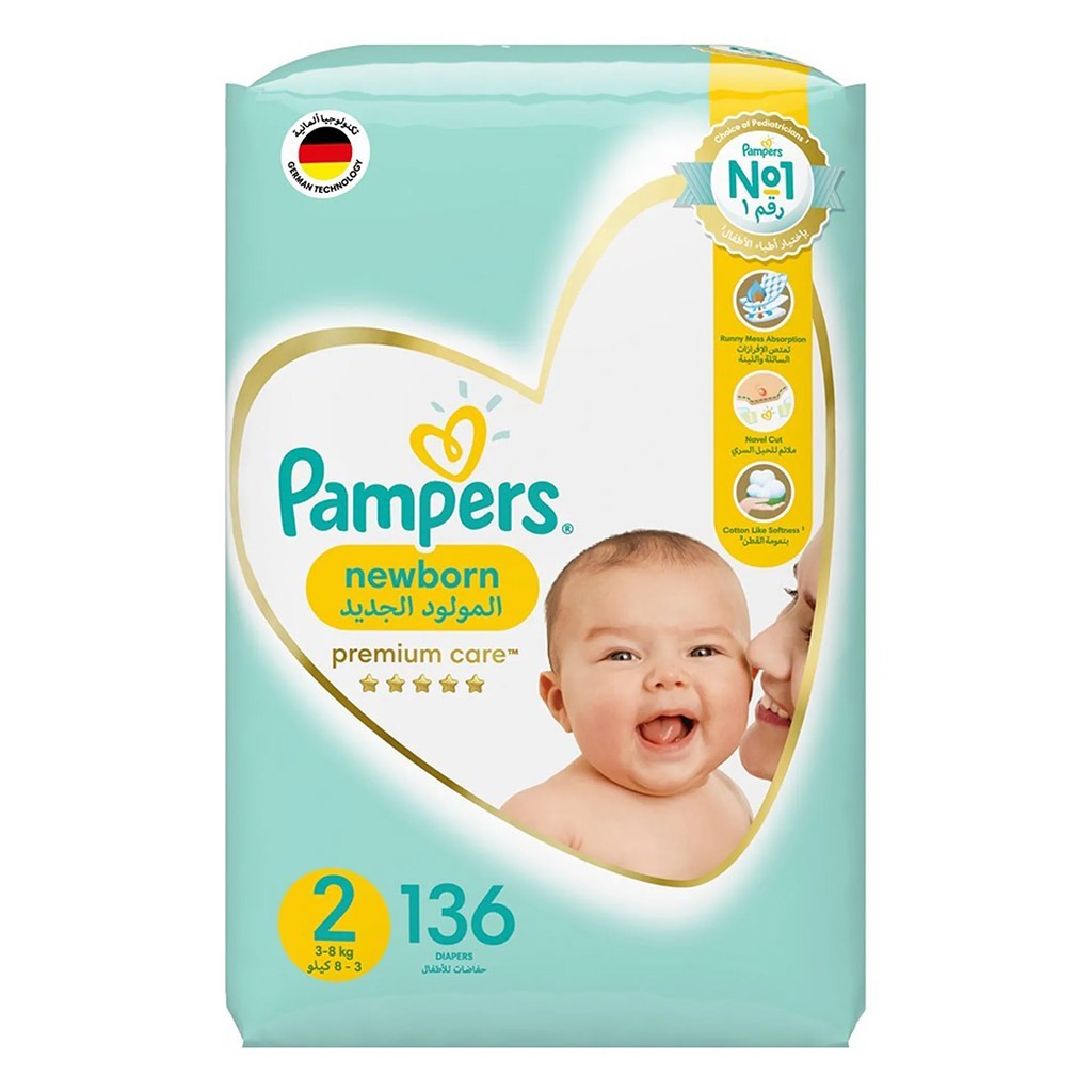 Pampers Premium Care Newborn Diapers, Size 2, 3-8Kg, Pack of 136's