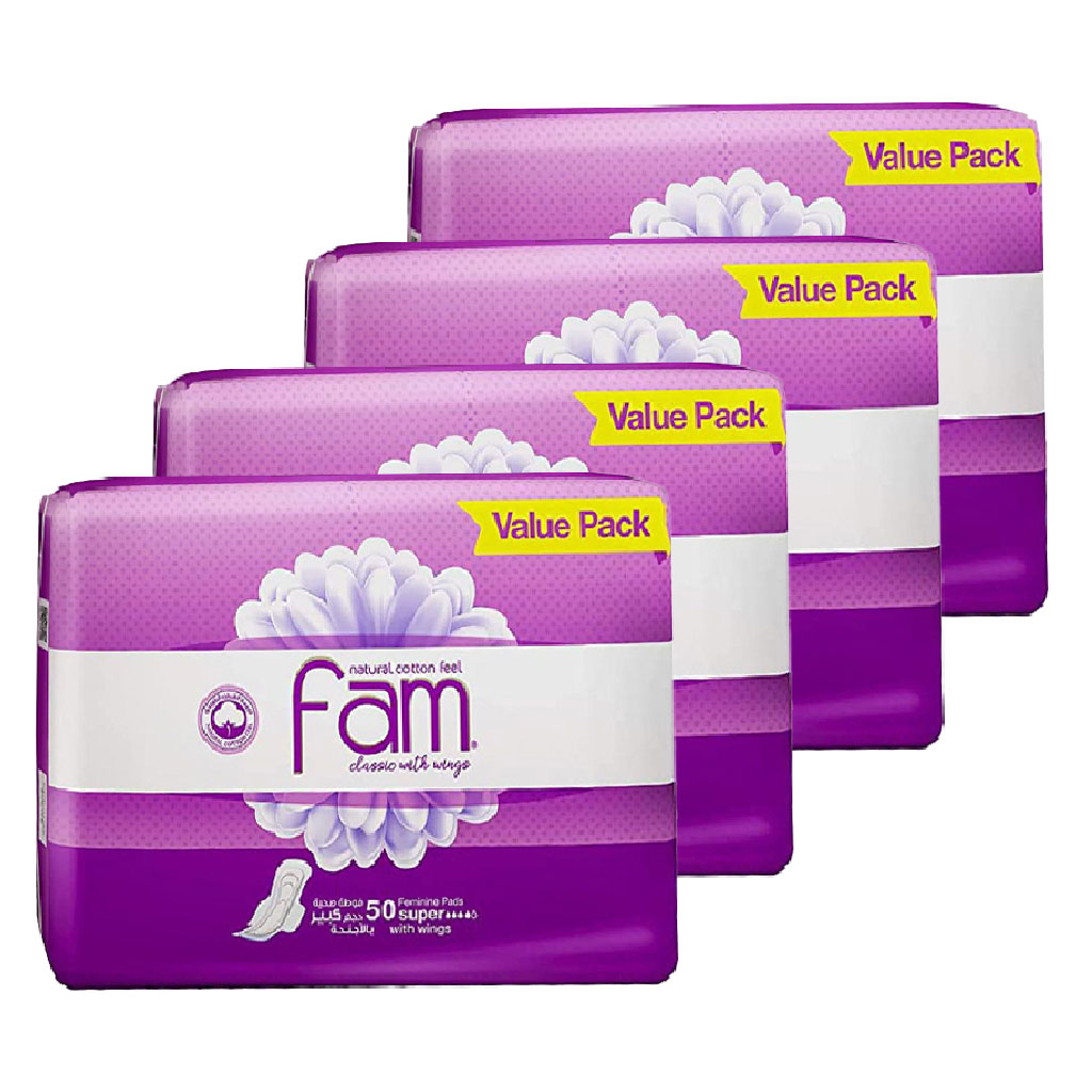 Fam Classic Maxi Thick Natural Cotton Feel Sanitary Pads With Wings, Pack of 50 x 4’s