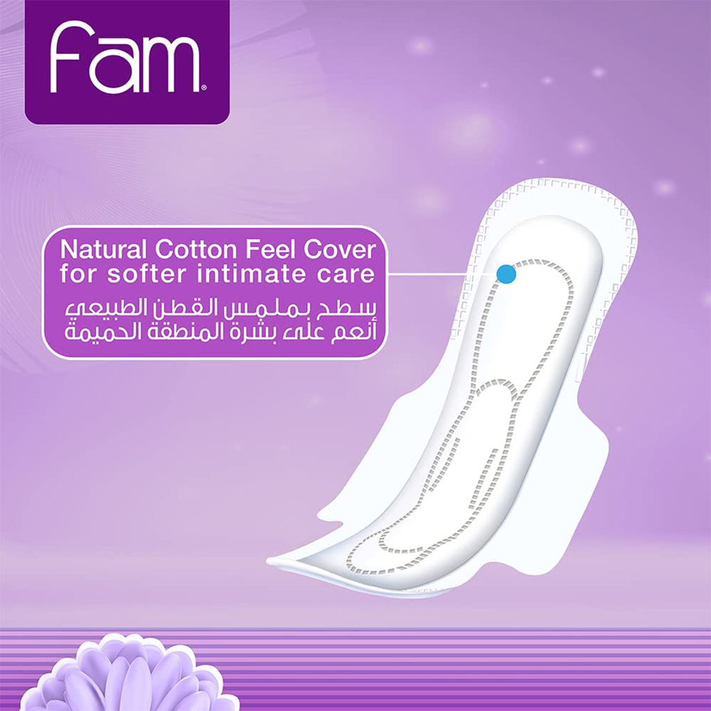 Fam Classic Maxi Thick Natural Cotton Feel Sanitary Pads With Wings, Pack of 50 x 4’s