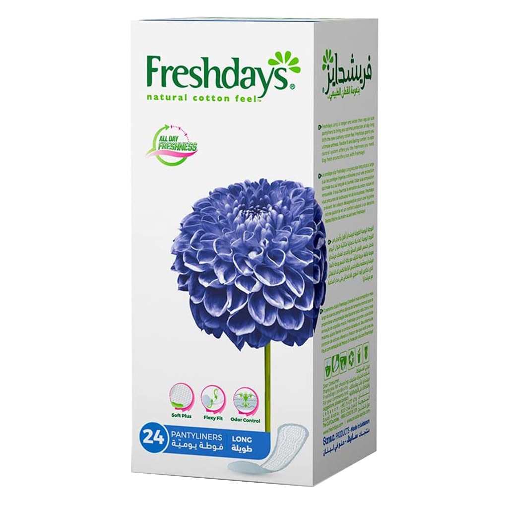 Freshdays Natural Cotton Feel Flexy Fit Odour Control Long Pantyliners, Pack of 24 x 12’s