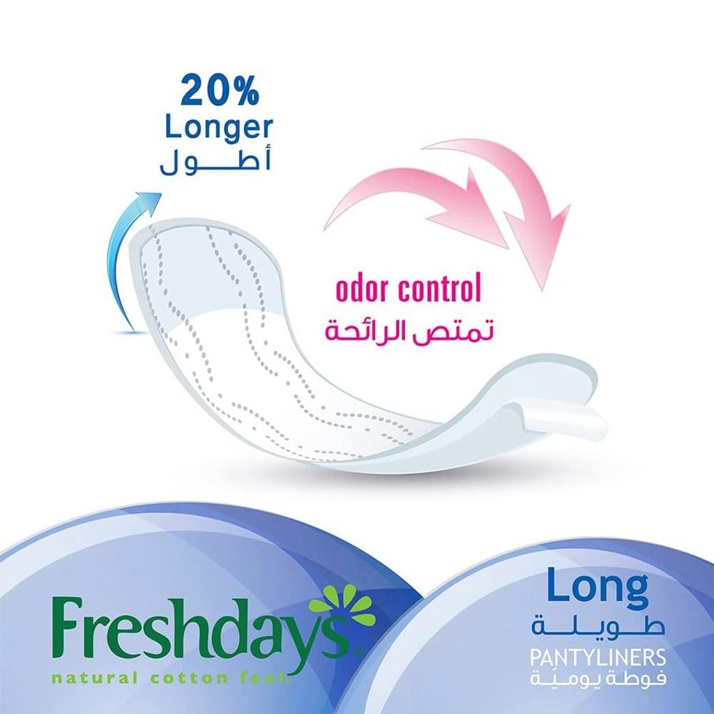 Freshdays Natural Cotton Feel Flexy Fit Odour Control Long Pantyliners, Pack of 24 x 12’s