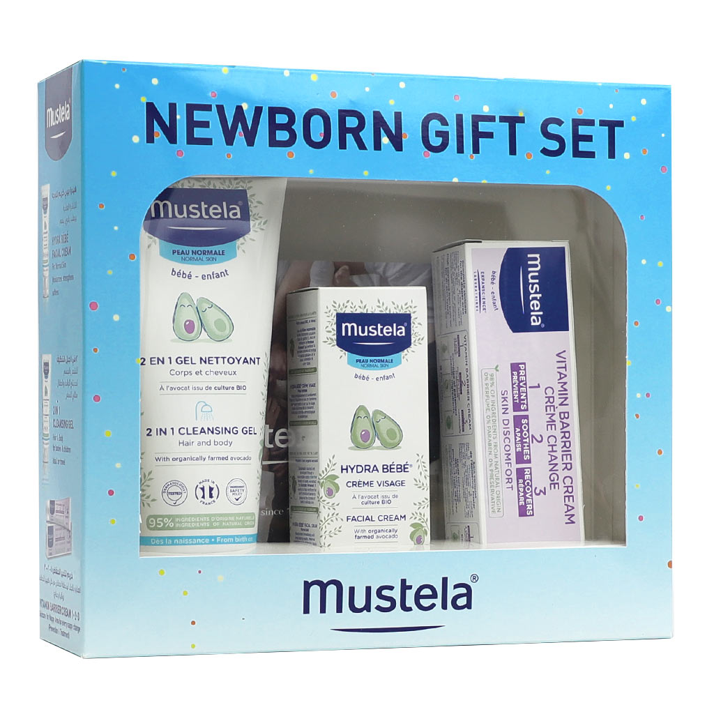Mustela New Born Gift Set: 2 in 1 Cleansing Gel + Hydra Bebe Face Cream + Nappy Cream