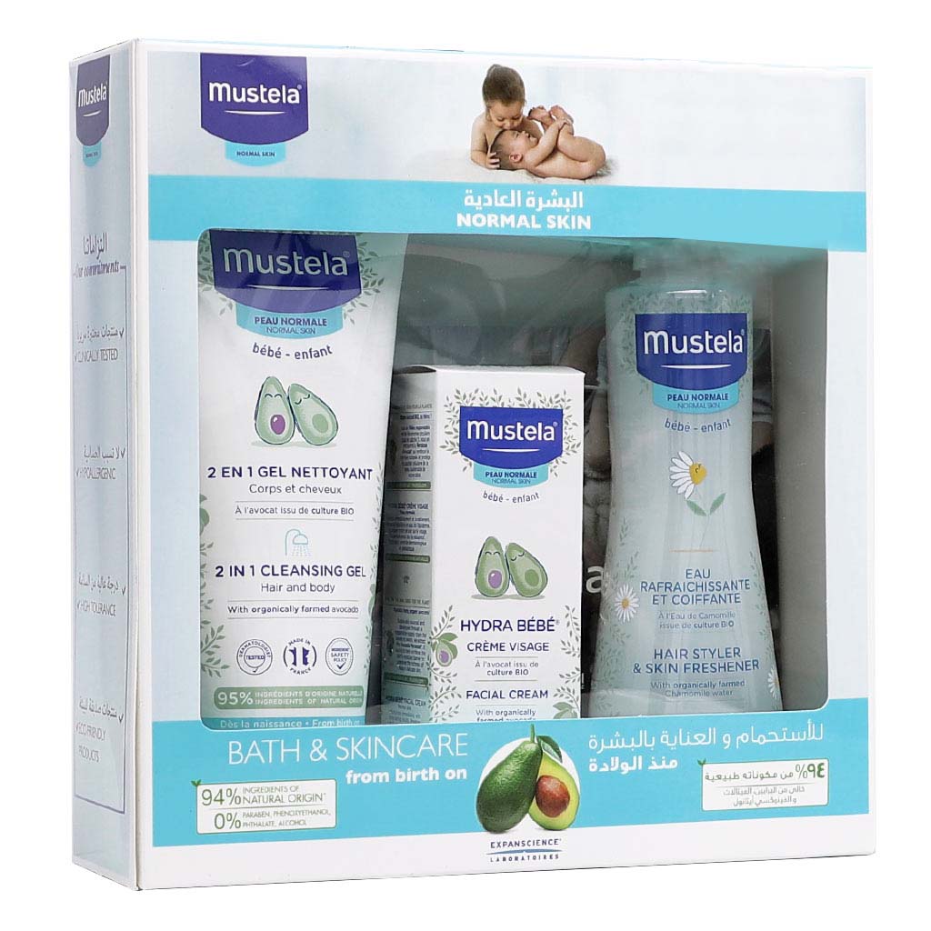 Mustela Baby Bath Time & Skincare Essentials: 2 in 1 Cleansing Gel + Hydra Bebe Facial Cream + Baby Skin Freshener, COMBO PACK