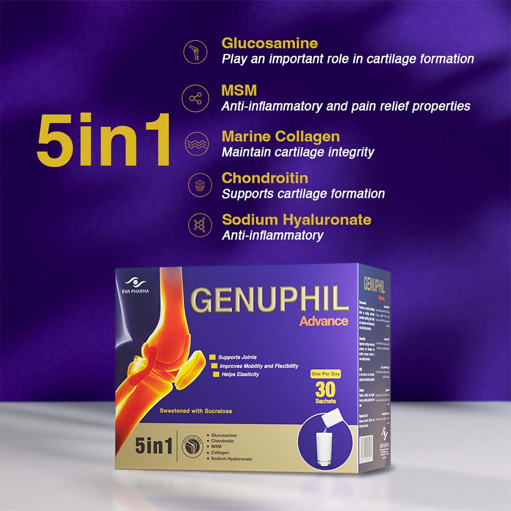 Eva Pharma Genuphil Advance 5-In-One Oral Powder Sachets For Healthy Joints, Pack of 30's