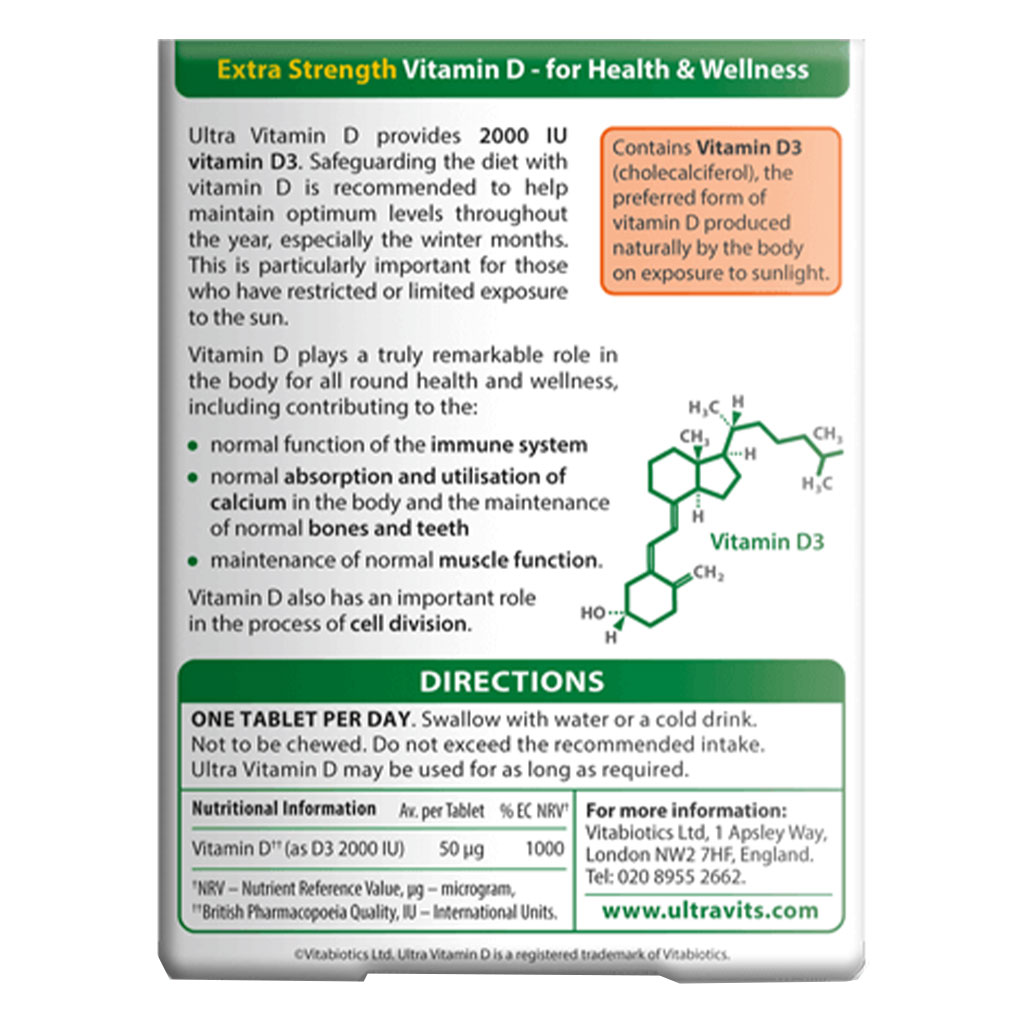 Vitabiotics Ultra Vitamin D3 2000IU Extra Strength Tablets For Healthy Immune System, Pack of 96's