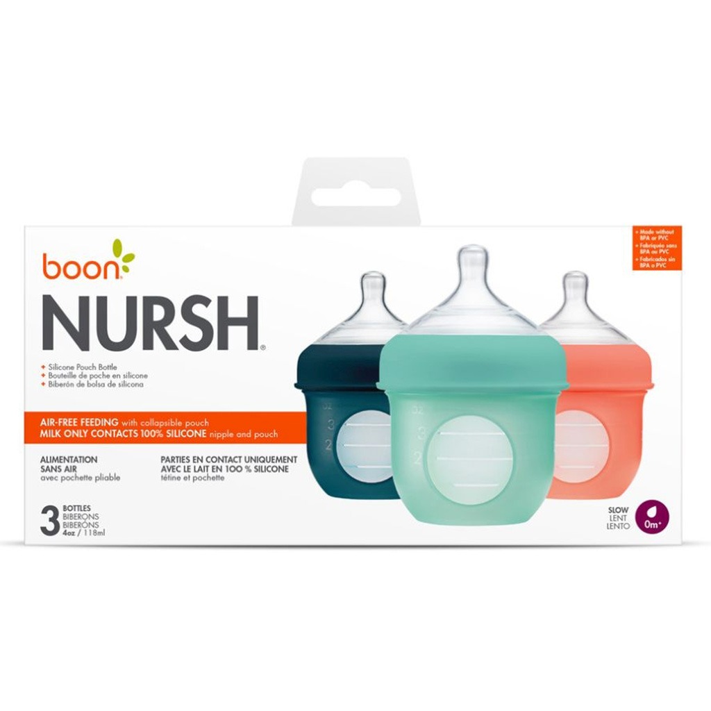 Boon Nursh Slow Flow Rate Baby Feeding Bottle 4 oz. For 0+ Months Baby, Monochrome, Pack of 3's