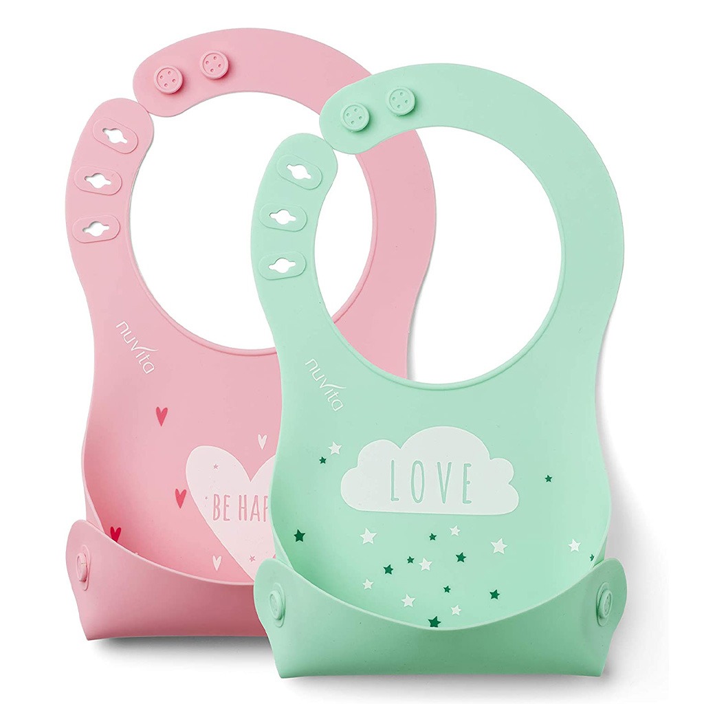 Nuvita Squishy Silicone Roll Up Bib For Baby - Pink/Green, Pack of 2's