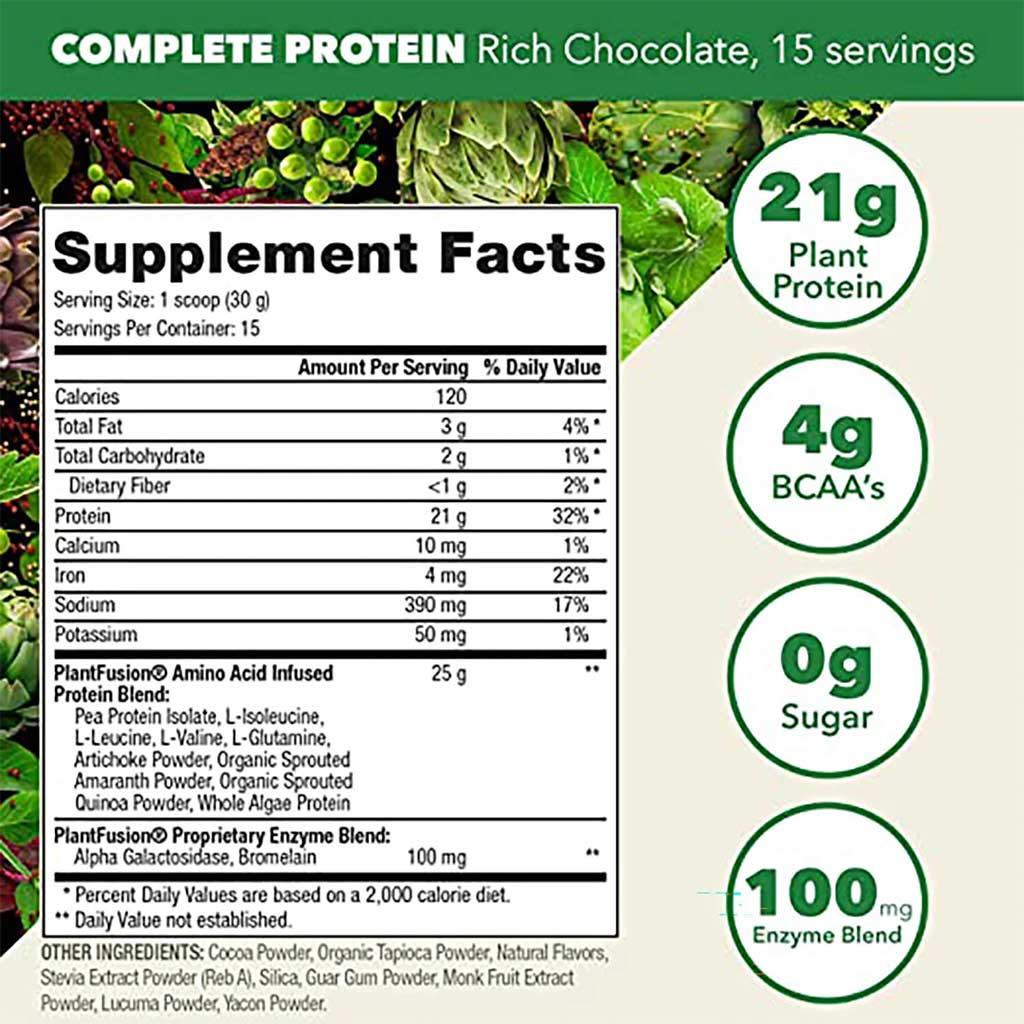 PlantFusion Complete Plant Protein Powder Rich Chocolate 1Lbs