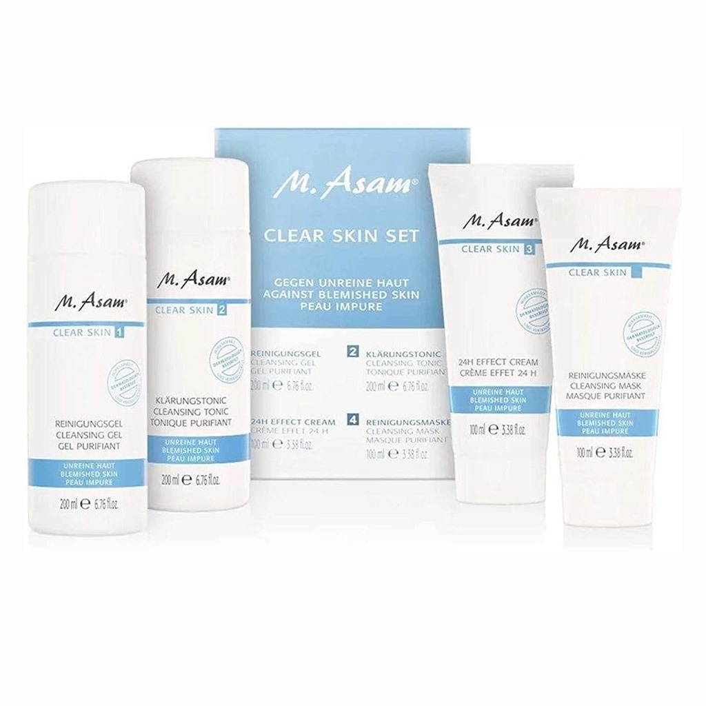 M. Asam Clear Skin Facial Cleansing Set Against Pimples And Blemishes, Pack of 4 (Cleansing Gel + Cleansing Tonic + Cleansing Mask + 24 hour Effect cream)