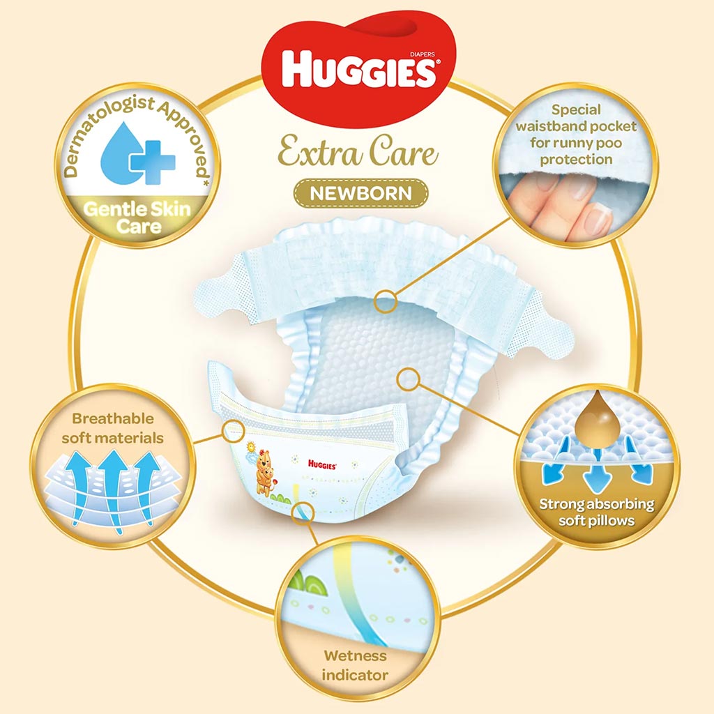 Huggies Extra Care Newborn Diapers, Size 2, 4-6Kg, Pack of 64's