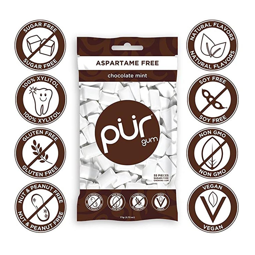 Pur Aspartame & Sugar Free Chocolate Mint Chewing Gum With Xylitol 9 Pieces