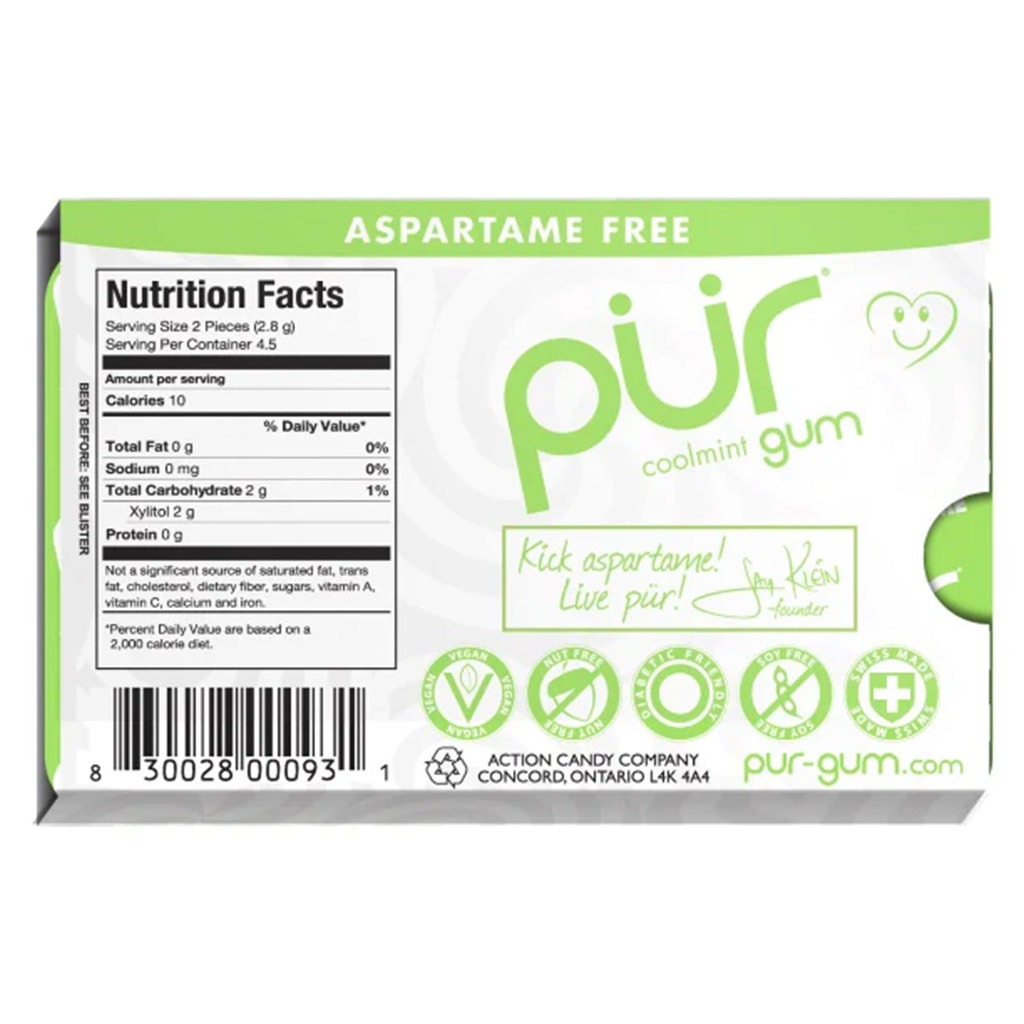 Pur Aspartame & Sugar Free Coolmint Chewing Gum With Xylitol 9 Pieces
