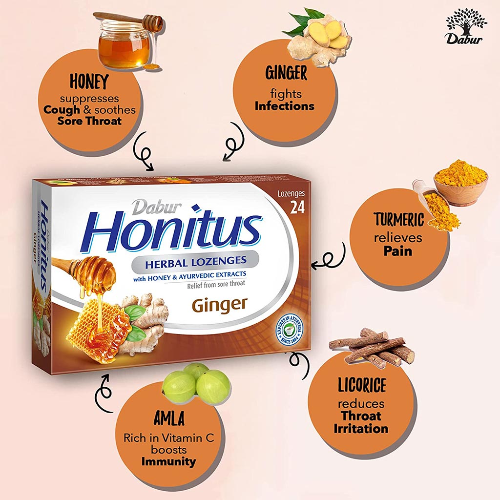 Dabur Honitus Herbal Lozenges Ginger With Honey & Ayurvedic Extracts, Pack of 24's