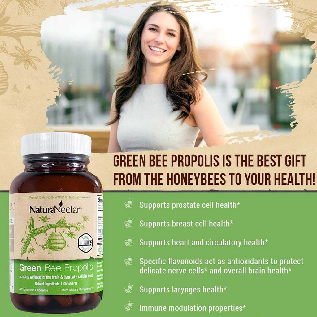 NaturaNectar Green Bee Propolis Vegetable Capsule For Brain, Heart & Immune Support 60's