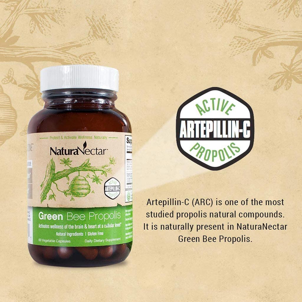NaturaNectar Green Bee Propolis Vegetable Capsule For Brain, Heart & Immune Support 60's