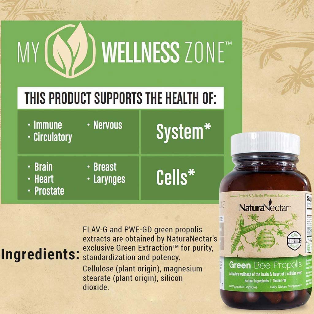 NaturaNectar Green Bee Propolis Vegetable Capsule For Brain, Heart & Immune Support 60's