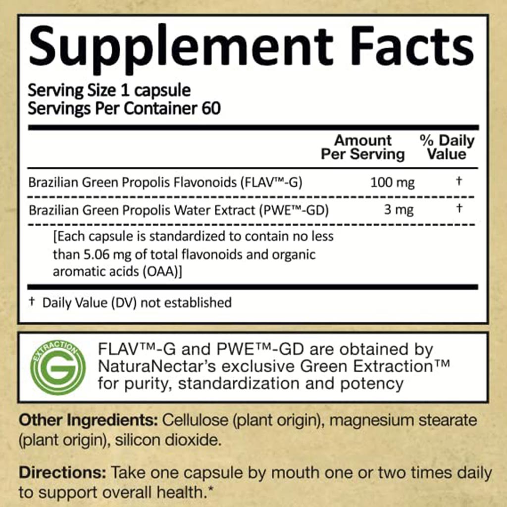 NaturaNectar Green Bee Propolis Vegetable Capsule For Brain, Heart & Immune Support 60's