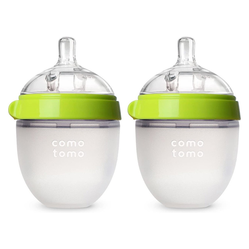 Comotomo Soft Hygienic Silicone Natural Feel Baby Feeding Bottle Green/White 150ml, Pack of 2's