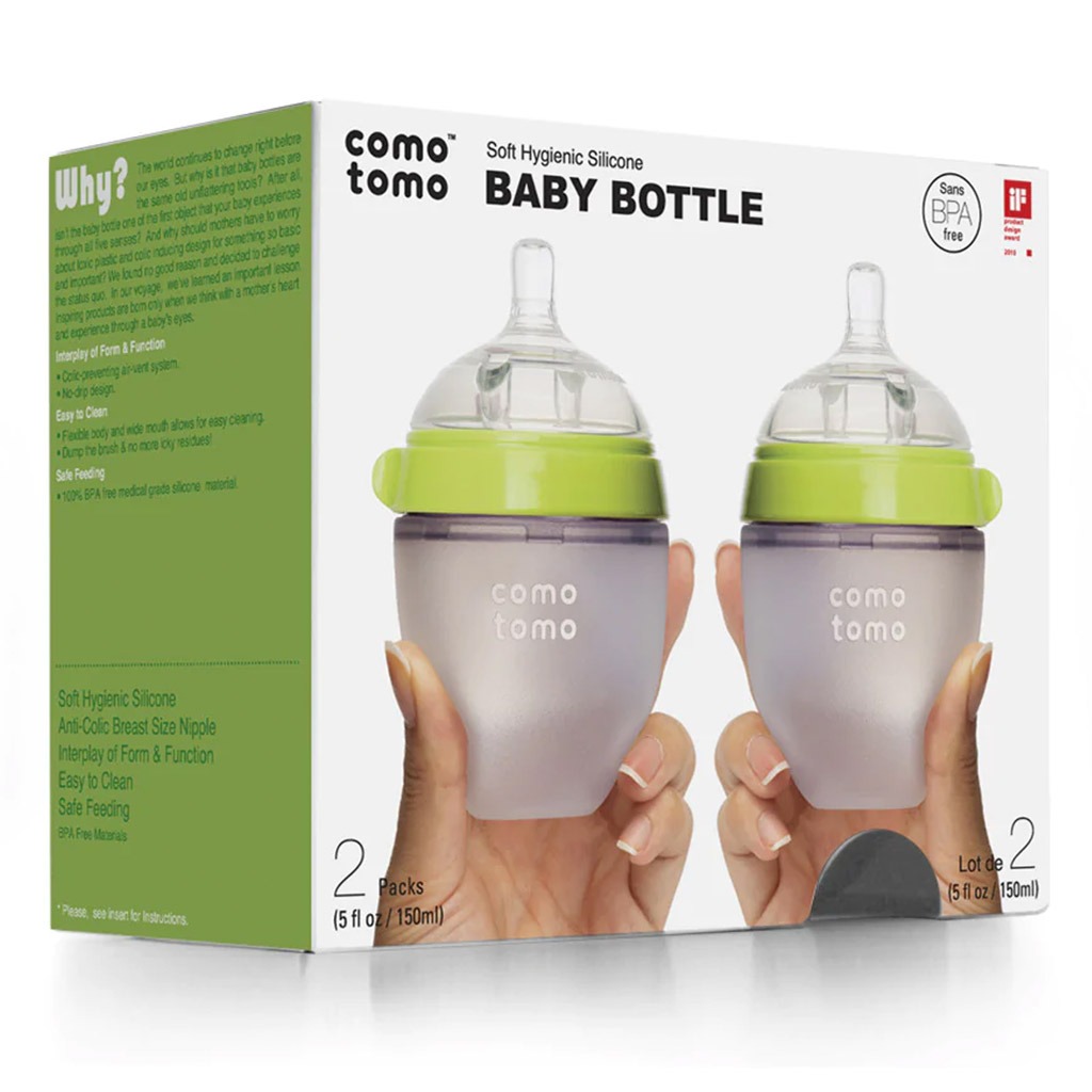 Comotomo Soft Hygienic Silicone Natural Feel Baby Feeding Bottle Green/White 150ml, Pack of 2's