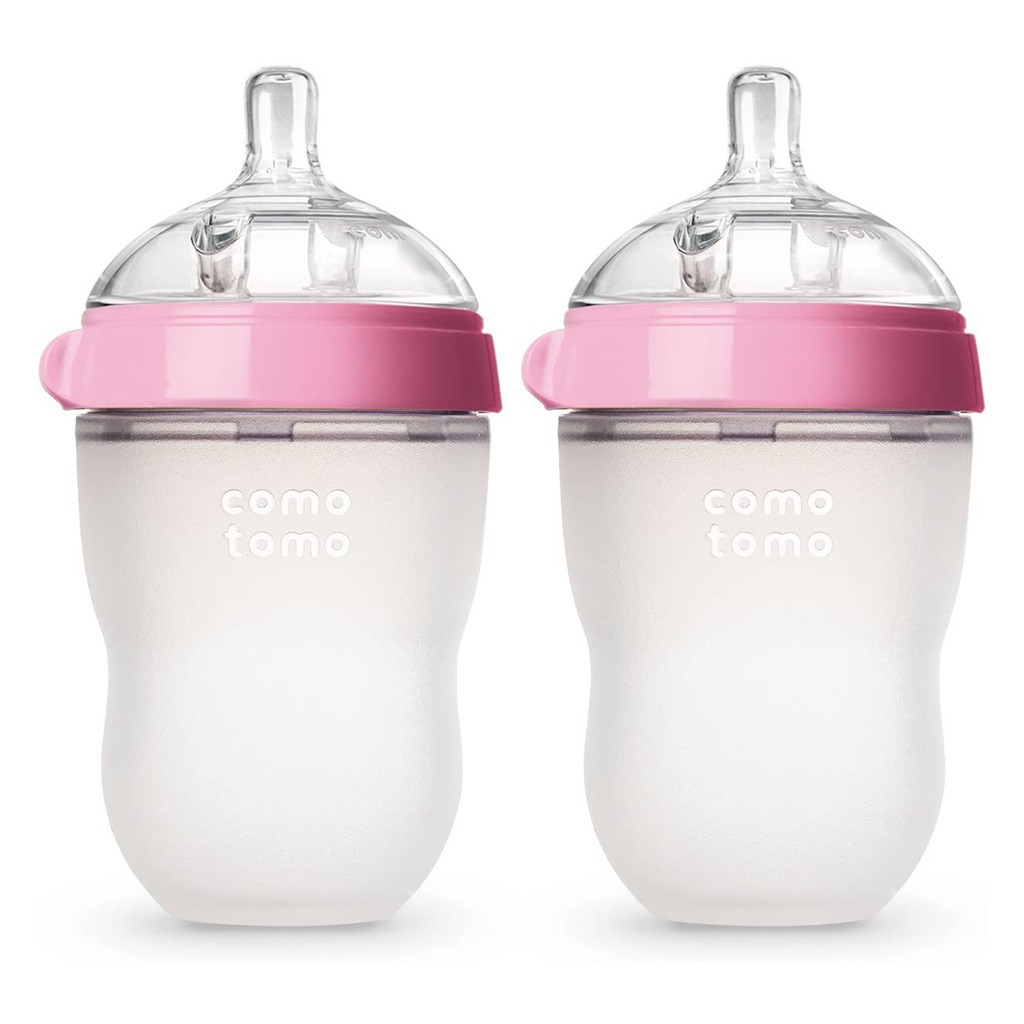 Comotomo Soft Hygienic Silicone Natural Feel Baby Feeding Bottle Pink/White 250ml, Pack of 2's