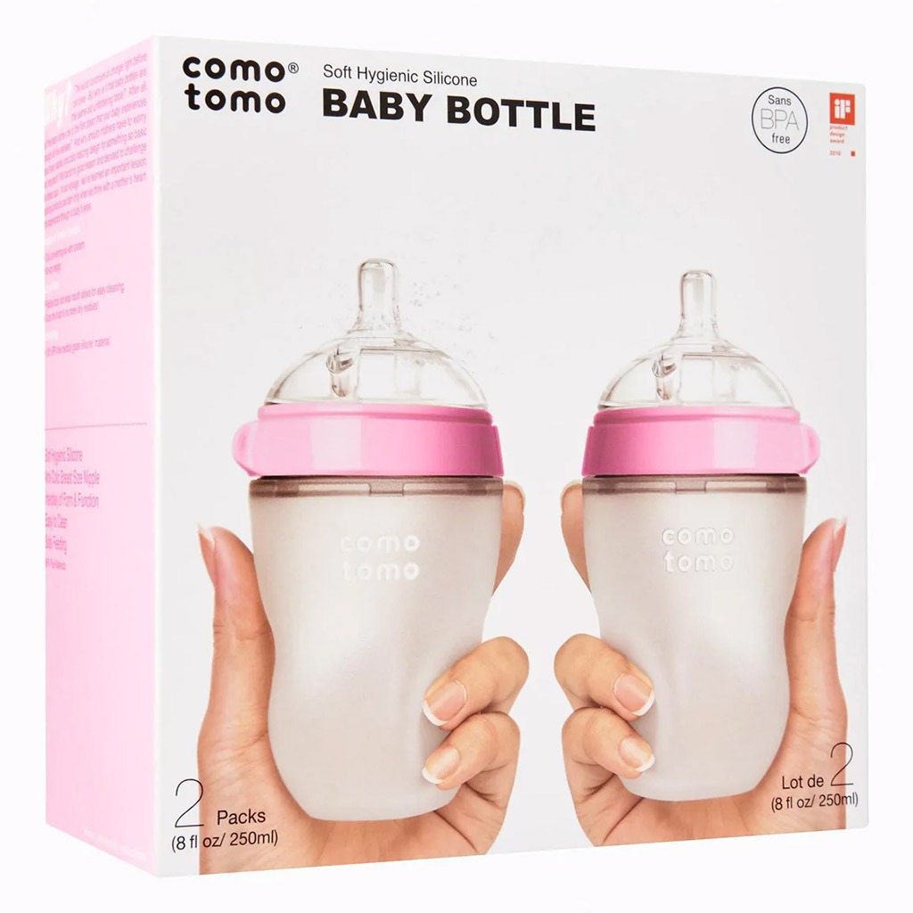 Comotomo Soft Hygienic Silicone Natural Feel Baby Feeding Bottle Pink/White 250ml, Pack of 2's