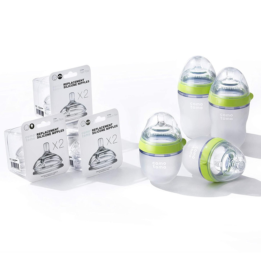 Comotomo Baby Feeding Bottles With Replacement Silicone Nipples-Green, Bundle Pack of 10 Pieces