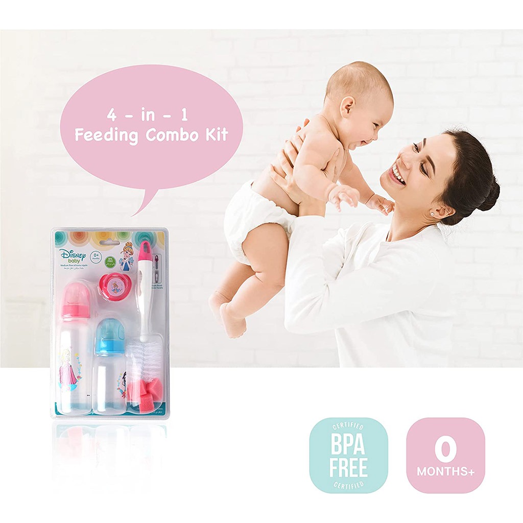 Disney Princess Feeding Combo Gift Set For Baby With Feeding Bottle, Soother & Bottle Brush - Pack of 4 Pieces TRHA1729