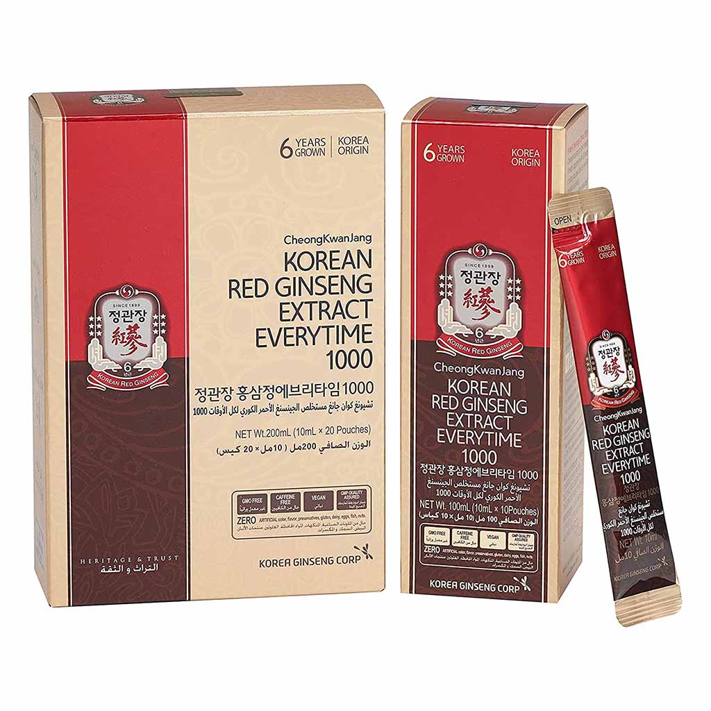 CheongKwanJang 6 Year Grown Korean Red Ginseng Everytime Portable Liquid Sticks 1000mg - 10ml, Pack of 20's