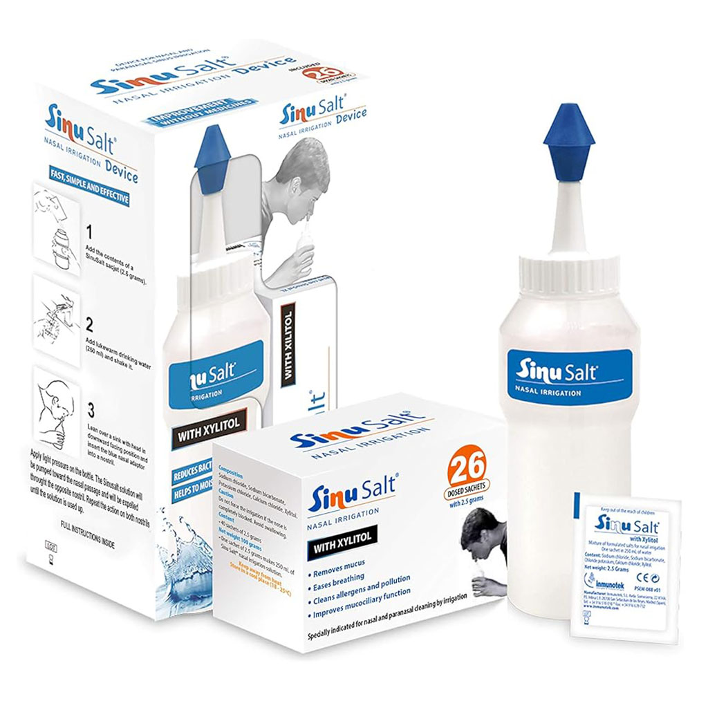 Sinusalt Nasal Irrigation Device & Salt + Xylitol 26 Dosed Sachets For Nasal Cleaning