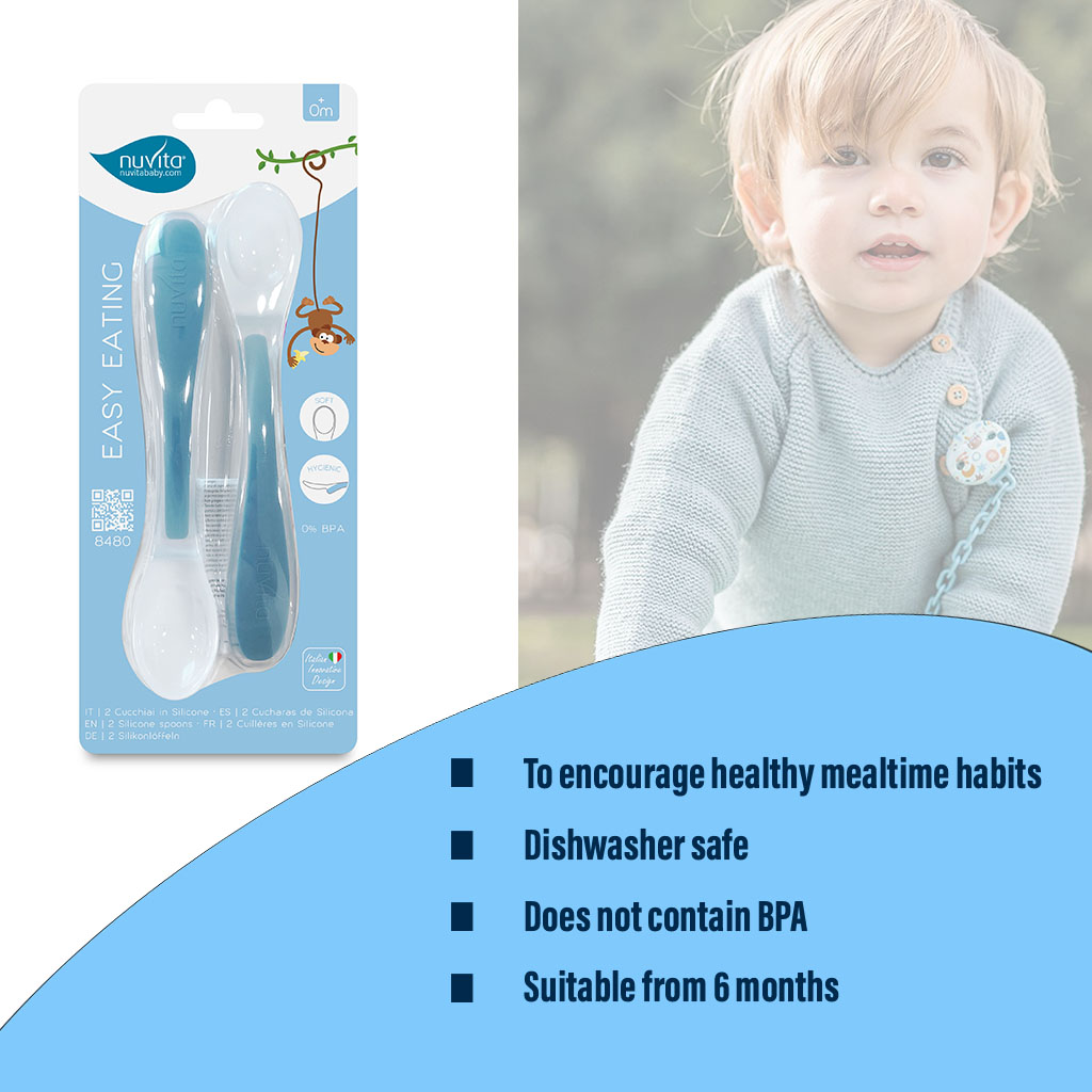 Nuvita Easy Eating Silicone Spoon Set Blue For 6+Months, Pack of 2's