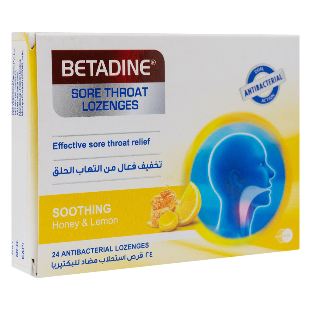 Betadine Sore Throat Antibacterial Lozenges With Soothing Honey & Lemon, Pack of 24's