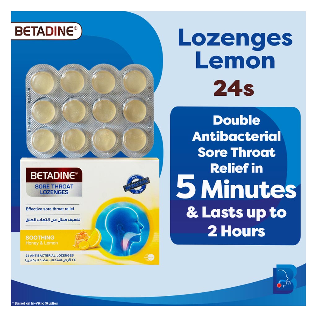 Betadine Sore Throat Antibacterial Lozenges With Soothing Honey & Lemon, Pack of 24's