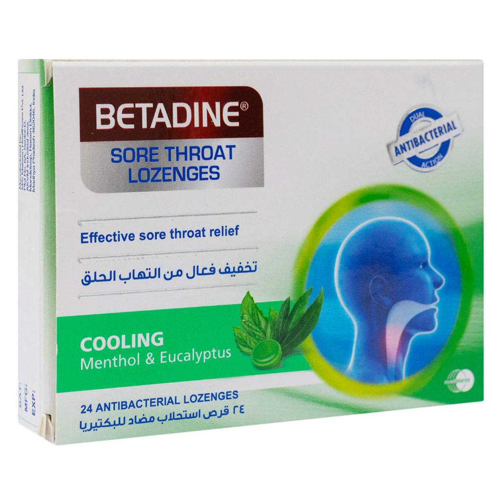 Betadine Sore Throat Antibacterial Lozenges With Cooling Menthol & Eucalyptus, Pack of 24's